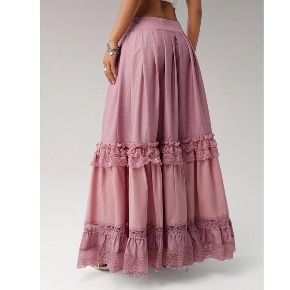 Solid Pink Button. Detail Lace Ruffle hem Flowy Maxi Skirt - Picture 4 of 6